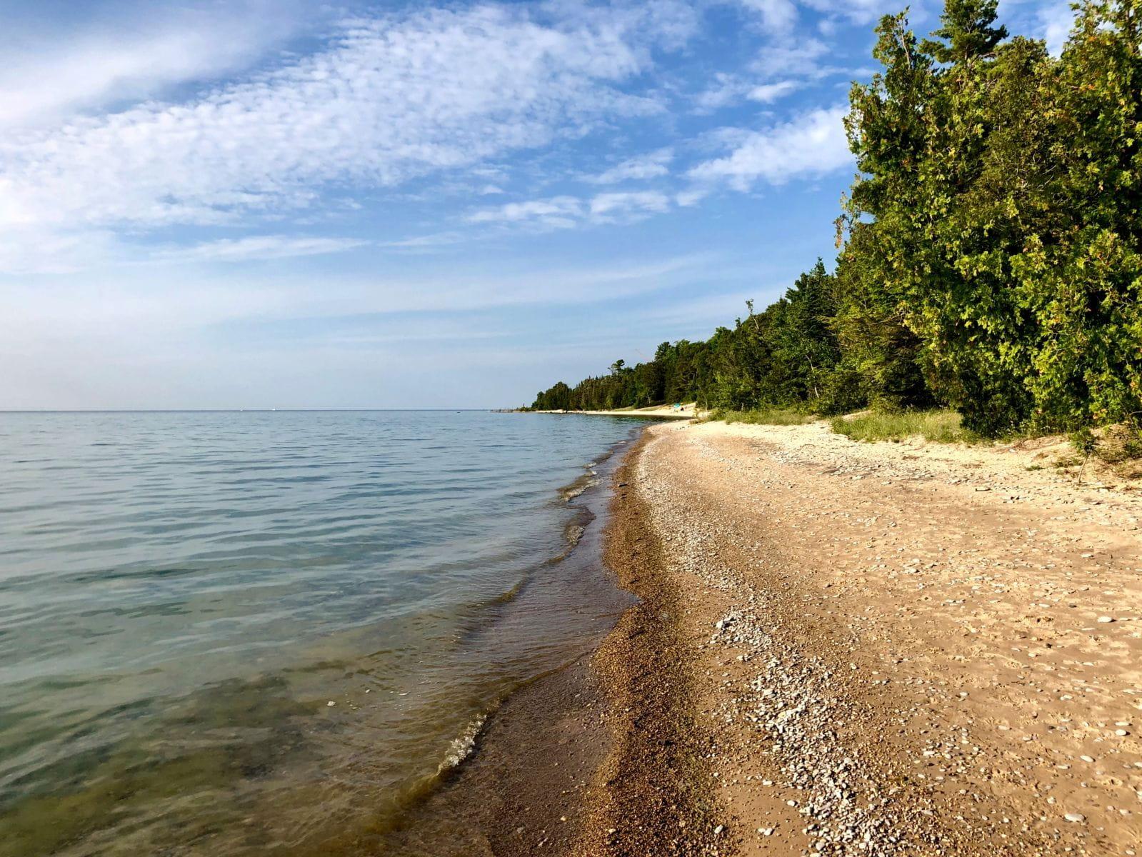 Sandy shoreline and tree line along Lake Charlevoix in summer