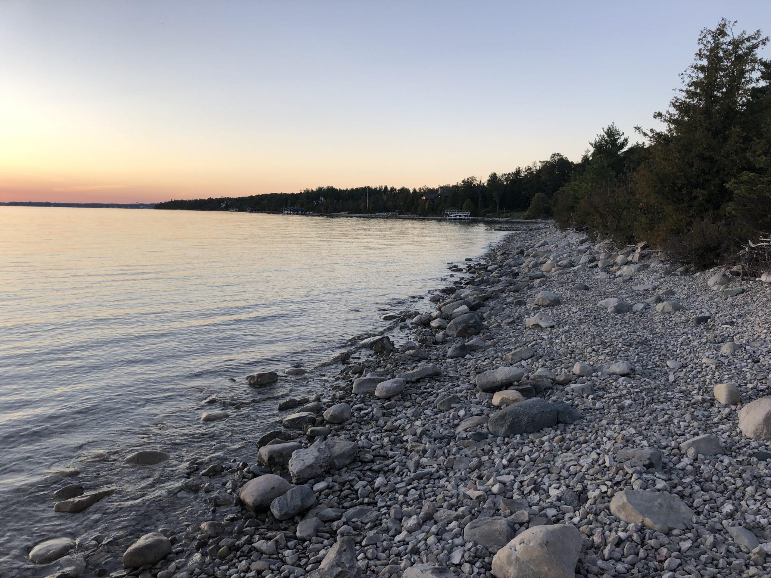 The east shore of Lake Charlevoix at dusk